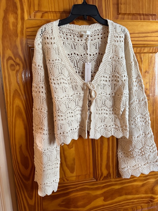 moon & madison Sweaters - moon & madison Cream Crochet Tie-Front Cardigan